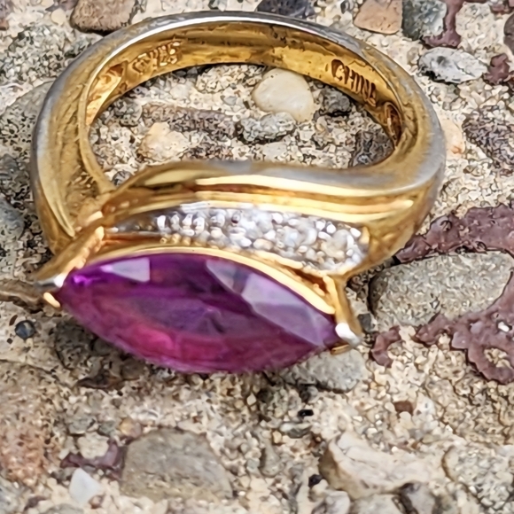 Sterling Silver Gold Vermeil Purple Stone and Diamond Accent Stones Sz 5 Pinky - Picture 4 of 8